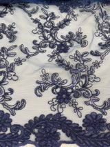 Elena's Lace Navy Blue Polyester Lace Fabric - Navy Blue Corded Mesh Embroidered With Sequins, Double Scalloped Edge, 54" Width (1 Yard)