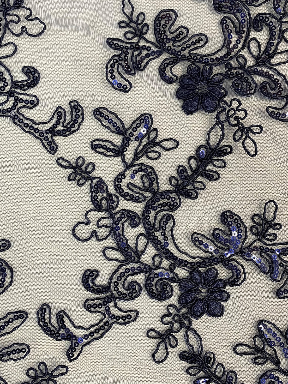 Elena's Lace Navy Blue Polyester Lace Fabric - Navy Blue Corded Mesh Embroidered With Sequins, Double Scalloped Edge, 54" Width (1 Yard)