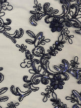 Elena's Lace Navy Blue Polyester Lace Fabric - Navy Blue Corded Mesh Embroidered With Sequins, Double Scalloped Edge, 54" Width (1 Yard)