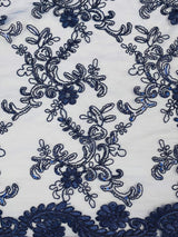 Elena's Lace Navy Blue Polyester Lace Fabric - Navy Blue Corded Mesh Embroidered With Sequins, Double Scalloped Edge, 54" Width (1 Yard)