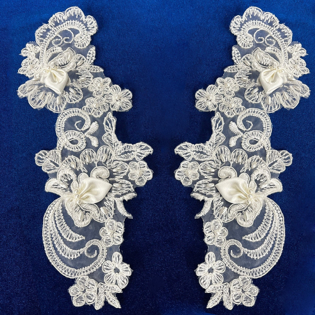 1 Pair 9" x 3" Each Side 3D Floral Lace Applique Beaded & Embroidered on 100% Polyester Organza