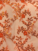 Elena's Lace Polyester Lace Fabric - Bright Orange Corded Mesh Embroidered With Sequins, Double Scalloped Edge, 54" Width (1 Yard)