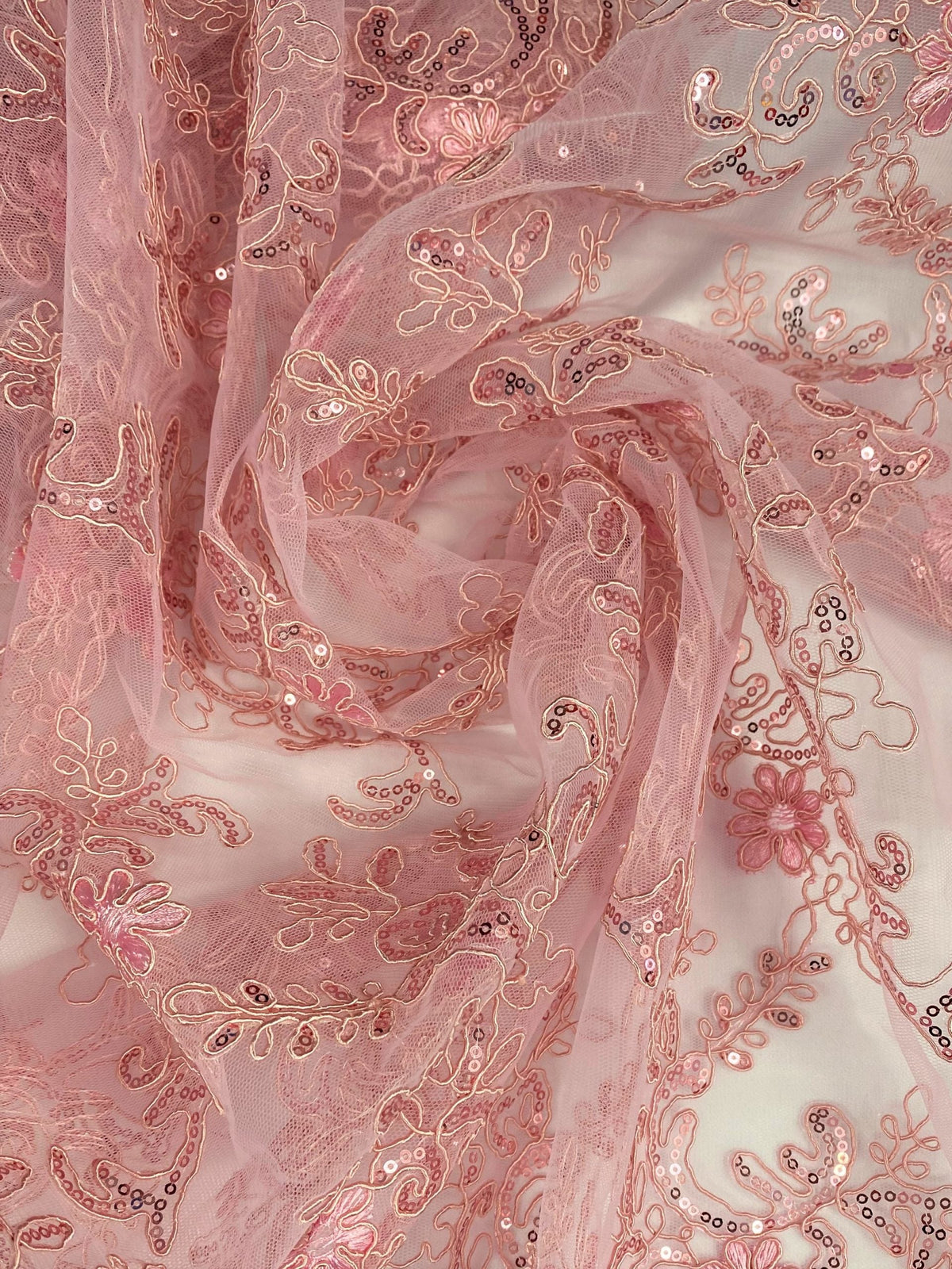 Elena's Lace 100 Percent Polyester Fabric - Light Pink Corded Mesh Embroidered With Sequins, Double Scalloped Edge, 54" Width (1 Yard)