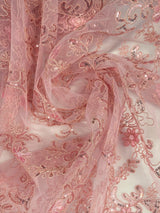 Elena's Lace 100 Percent Polyester Fabric - Light Pink Corded Mesh Embroidered With Sequins, Double Scalloped Edge, 54" Width (1 Yard)