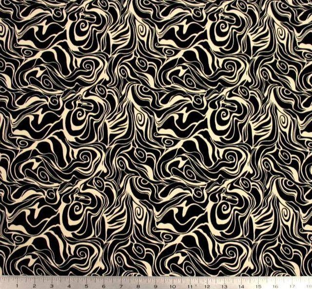 Wool Peach Polyester Fabric - Black/Ivory Print, 58/60" Width