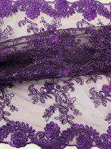 Elena's Lace Purple Polyester Lace Fabric - Corded Mesh Embroidered With Sequins, Double Scalloped Edge, Purple, 54" Width (1 Yard)