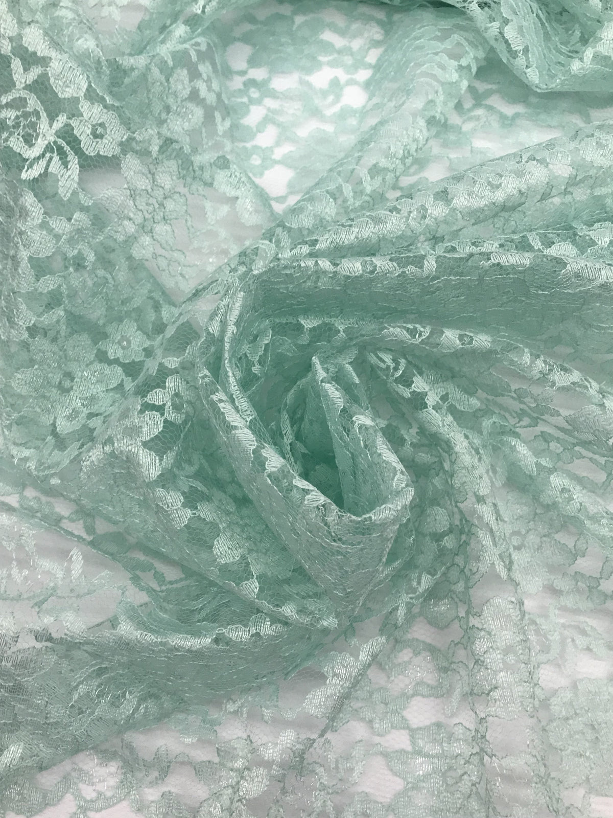 Mint Rachelle Lace Polyester Fabric - Sheer Floral Lace, Mint, 58/60" Wide (1 Yard)