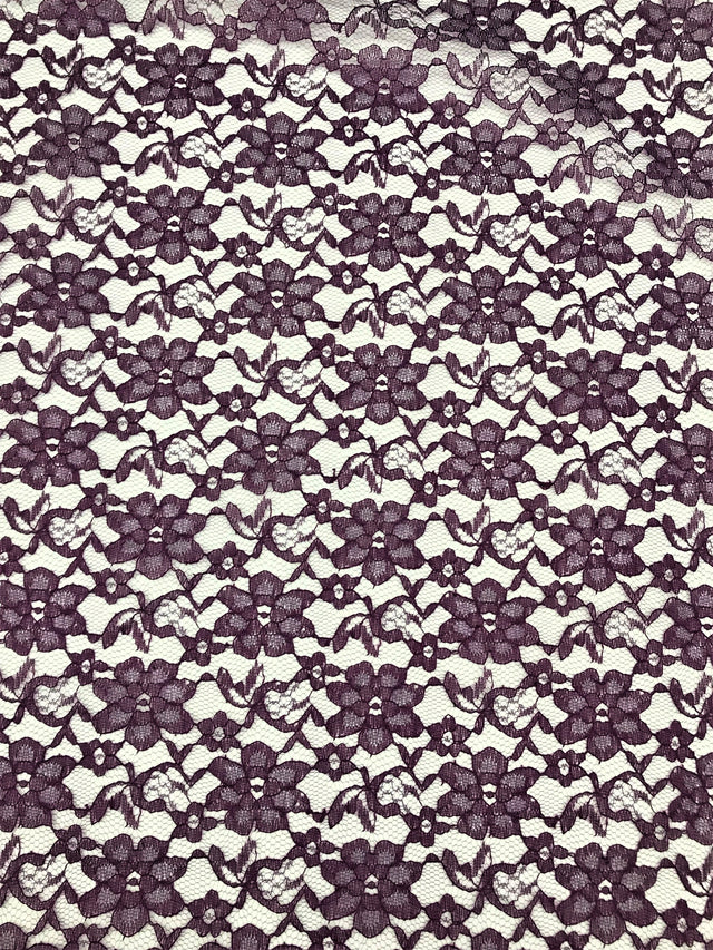 Plum Rachelle Lace Polyester Fabric - Sheer Floral Lace, Plum, 58/60" Wide (1 Yard)