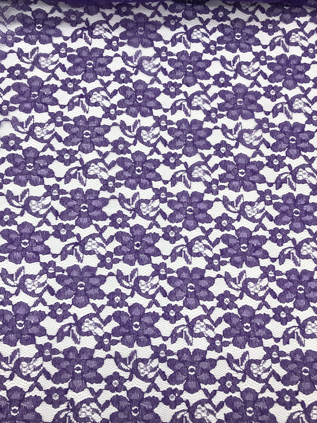 Purple Rachelle Lace Polyester Fabric - Sheer Floral Lace, Purple, 58/60" Wide (1 Yard)