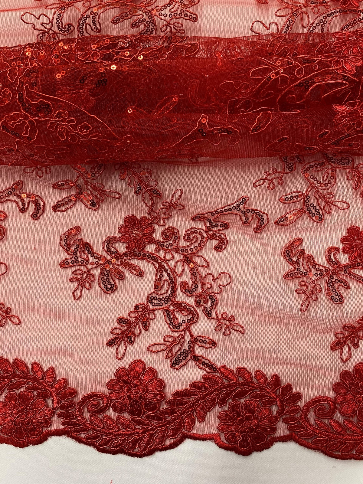 Elena'S Lace Red Polyester Lace Fabric - Red Corded Mesh Embroidered With Sequins, Double Scalloped Edge, 54" Width (1 Yard)