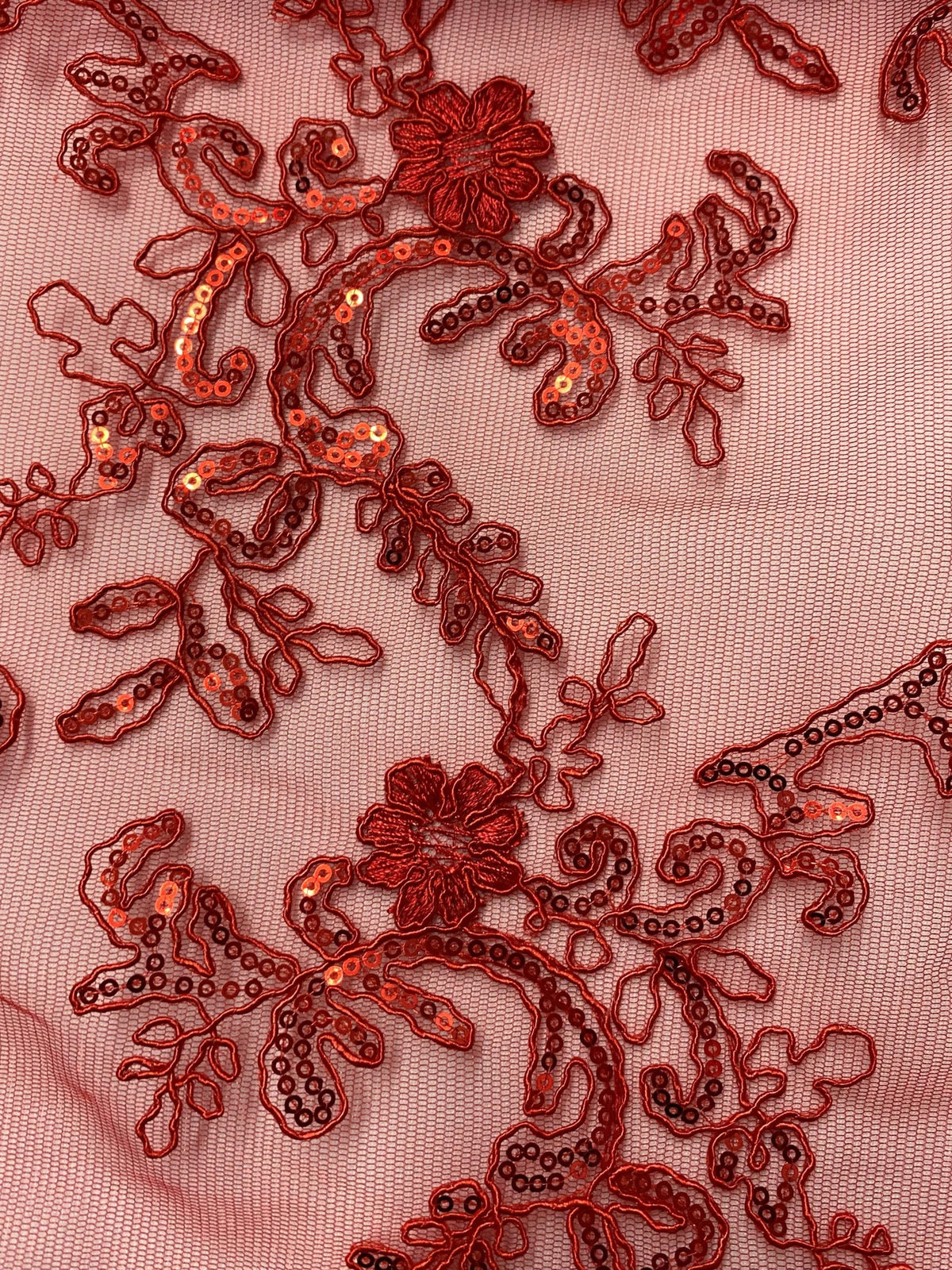 Elena'S Lace Red Polyester Lace Fabric - Red Corded Mesh Embroidered With Sequins, Double Scalloped Edge, 54" Width (1 Yard)