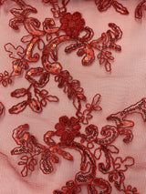 Elena'S Lace Red Polyester Lace Fabric - Red Corded Mesh Embroidered With Sequins, Double Scalloped Edge, 54" Width (1 Yard)