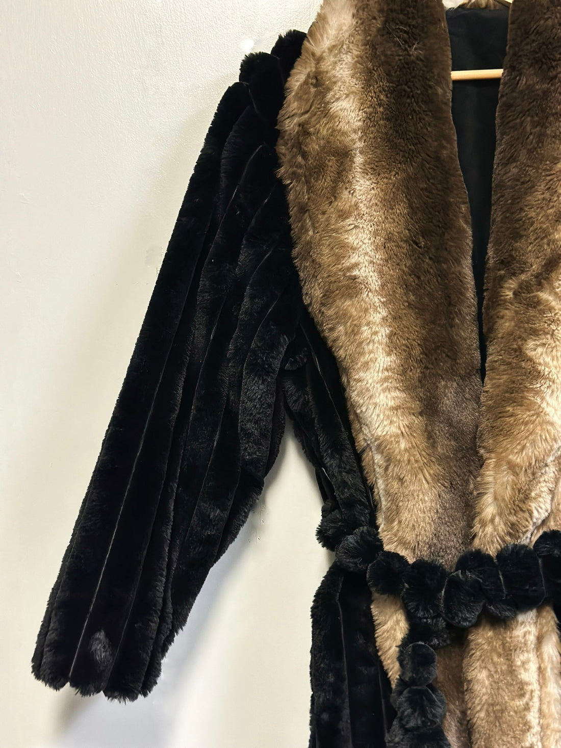 Full-Length Faux Fur Robe Coat Black Belted Plush Lounge Wear with Velvet Insert