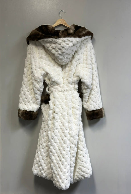 Winter Luxurious Offwhite Faux Fur Hooded Robe Plush Velvet Lined