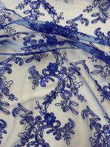 Elena's Lace Royal Blue Polyester Fabric - Corded Mesh Embroidered With Sequins, Double Scalloped Edge, Royal Blue, 54" Width (1 Yard)