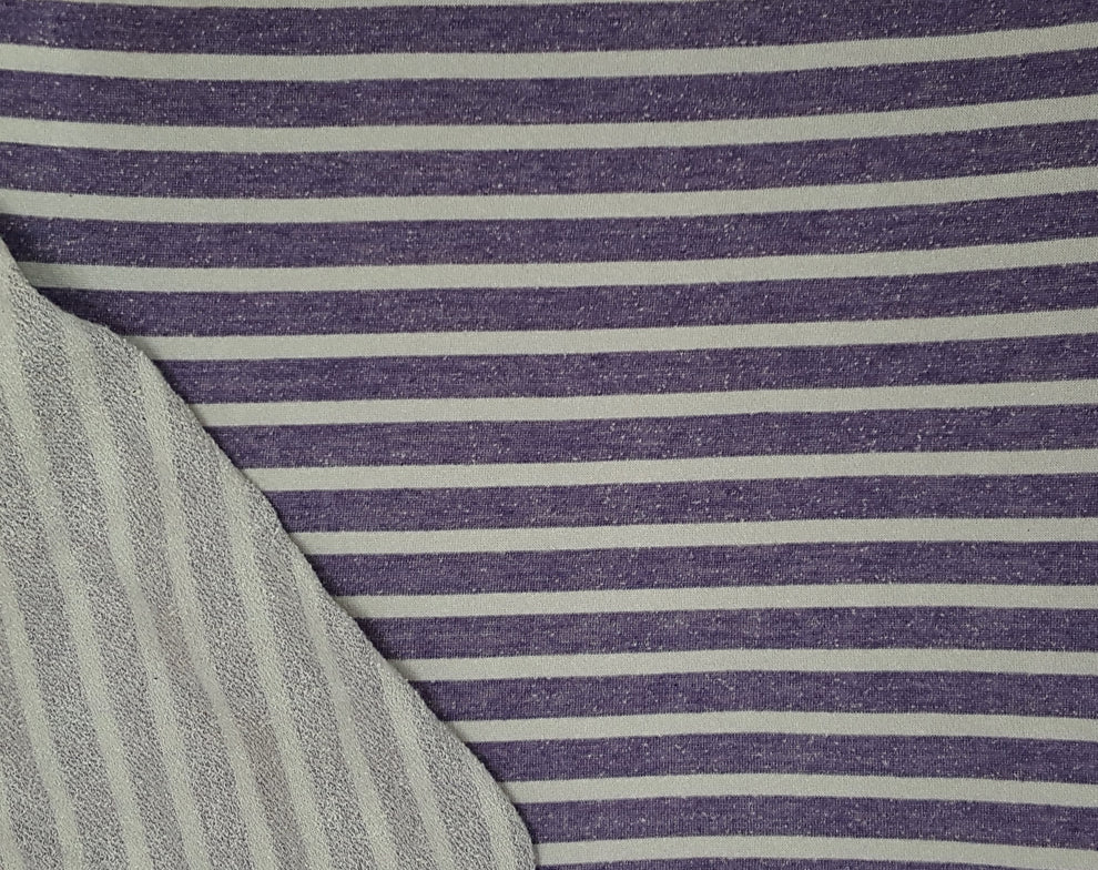 1 Yard Purple Gray Stripe Cotton French Terry Knit Fabric for Hoodies, Joggers, and Casual Wear