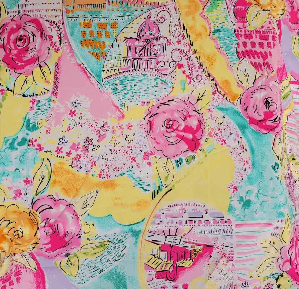 1 Yard Cotton Twill Spandex Satin Finish Multicolor Big Flower Print