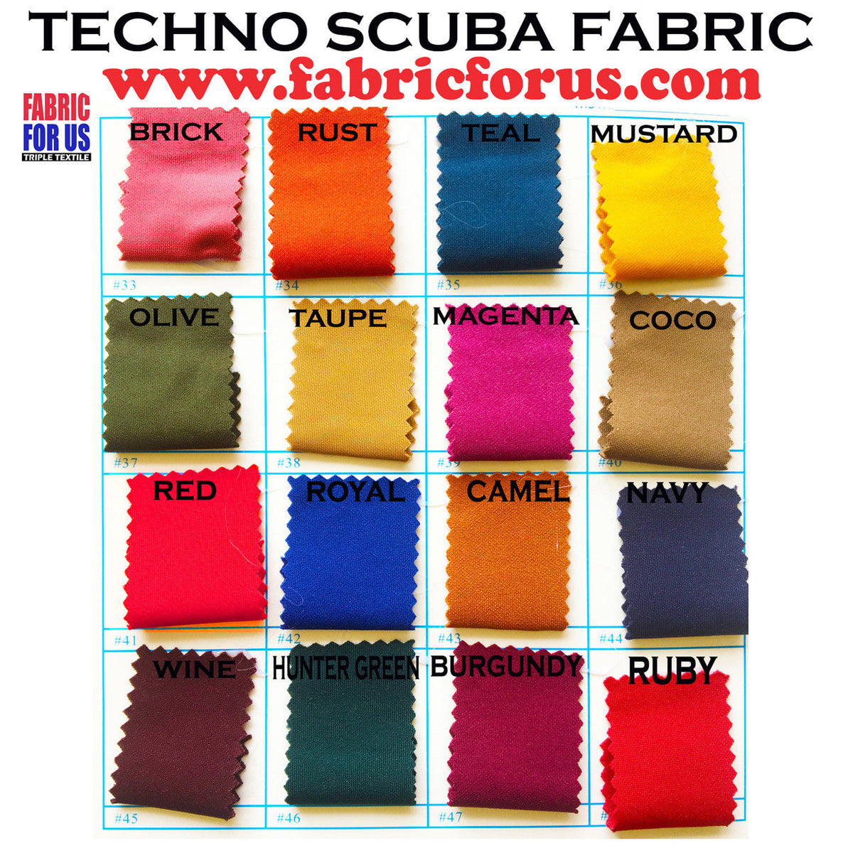 Techno Scuba Polyester Spandex Fabric - 16 Color Set A, 58"/60" Wide