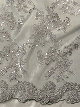 Elena's Lace Polyester Fabric - Gray Silver Corded Mesh Embroidered With Sequins, Double Scalloped Edge, 54" Width (1 Yard)