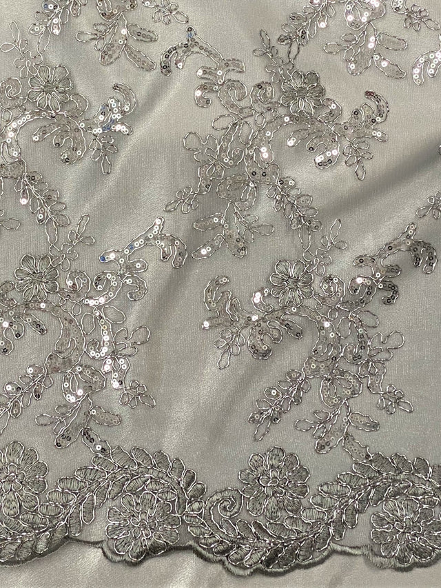 Elena's Lace Polyester Fabric - Gray Silver Corded Mesh Embroidered With Sequins, Double Scalloped Edge, 54" Width (1 Yard)