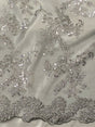 Elena's Lace Polyester Fabric - Gray Silver Corded Mesh Embroidered With Sequins, Double Scalloped Edge, 54" Width (1 Yard)