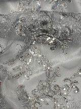 Elena's Lace Polyester Fabric - Gray Silver Corded Mesh Embroidered With Sequins, Double Scalloped Edge, 54" Width (1 Yard)