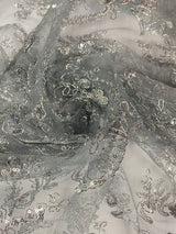 Elena's Lace Polyester Fabric - Gray Silver Corded Mesh Embroidered With Sequins, Double Scalloped Edge, 54" Width (1 Yard)