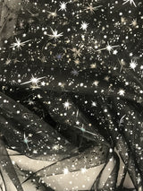 Black/Silver Stars Polyester Fabric - Metallic Silver Foil Star Stamped Sheer Organza, Black/Silver, 58/60" Width