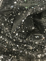 Black/Silver Stars Polyester Fabric - Metallic Silver Foil Star Stamped Sheer Organza, Black/Silver, 58/60" Width