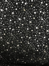 Black/Silver Stars Polyester Fabric - Metallic Silver Foil Star Stamped Sheer Organza, Black/Silver, 58/60" Width