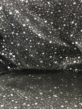 Black/Silver Stars Polyester Fabric - Metallic Silver Foil Star Stamped Sheer Organza, Black/Silver, 58/60" Width