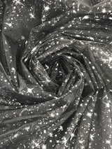 Black/Silver Stars Polyester Fabric - Metallic Silver Foil Star Stamped Sheer Organza, Black/Silver, 58/60" Width