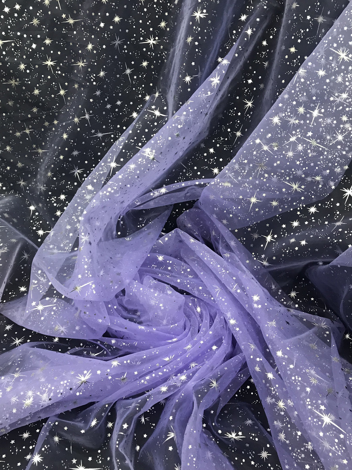 Lilac/Silver Stars Polyester Organza Fabric - Metallic Silver Foil Star Stamped, Lilac/Silver, 58/60" Width