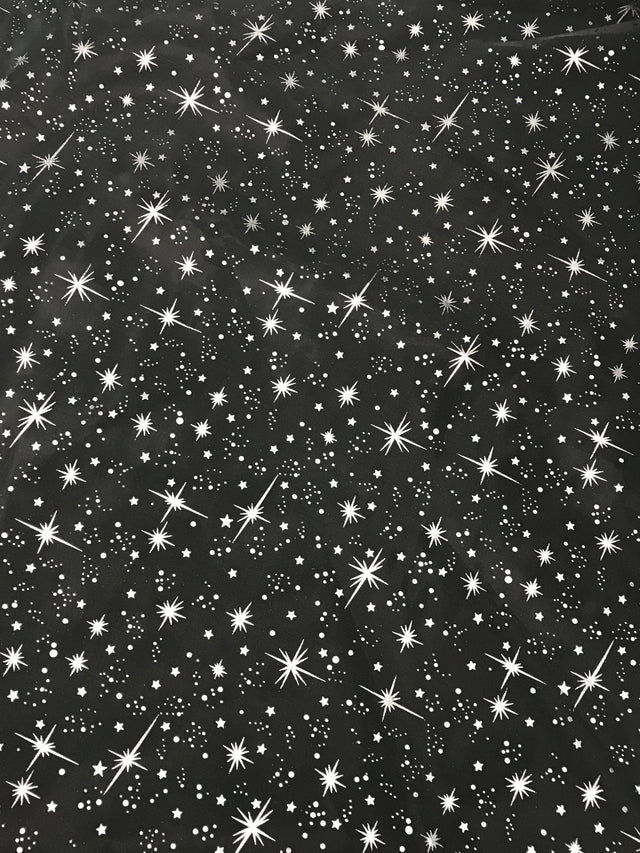 White/Silver Stars Polyester Fabric - Metallic Silver Foil Star Stamped Sheer Organza, White/Silver, 58/60" Width