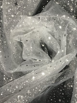 White/Silver Stars Polyester Fabric - Metallic Silver Foil Star Stamped Sheer Organza, White/Silver, 58/60" Width