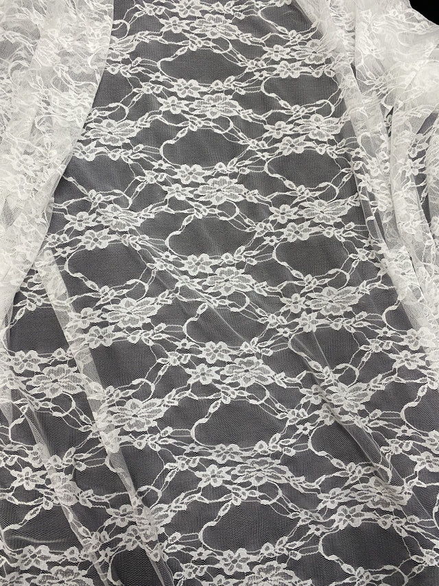 White 4-Way Floral Stretch Lace Fabric - Shimmery Floral Lace, White, 58/60" Width (1 Yard)