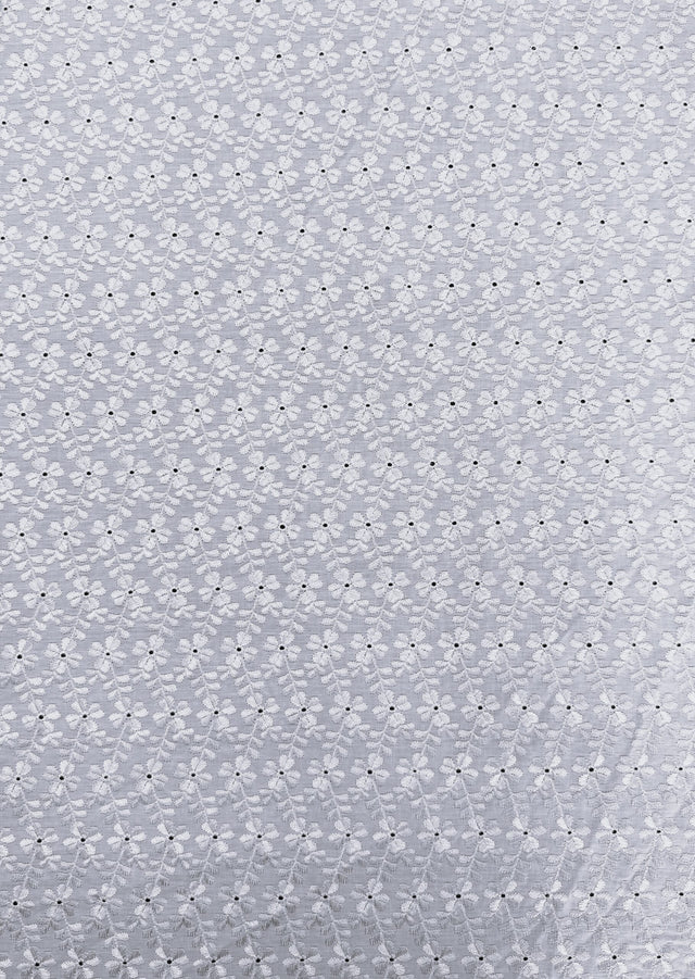 Heavy Eyelet White Polyester Cotton Fabric - White Floral Embroidery, 41"-42" Width