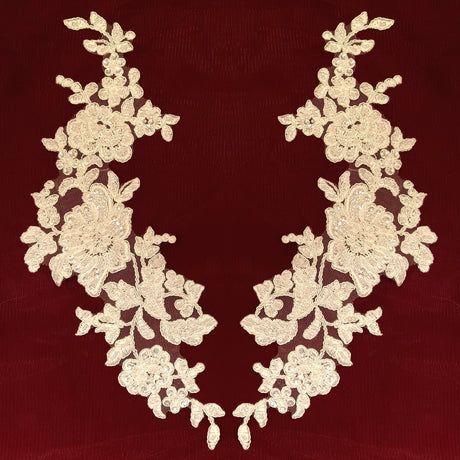 1 Pair 13" x 3" Beaded & Corded Floral Lace Applique on 100% Polyester Net Mesh