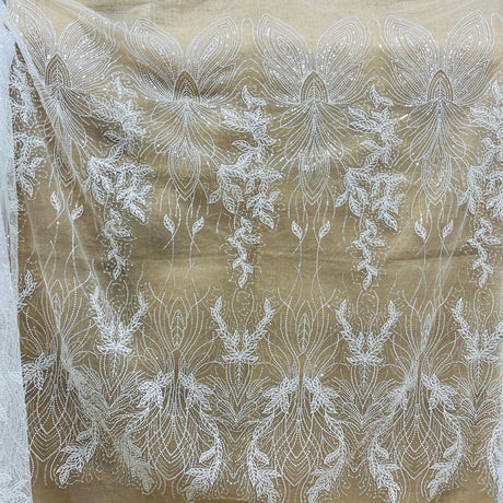 1 Yard Silver Beaded & Sequined Embroidered Lace Fabric on Polyester Mesh, 52" Wide,