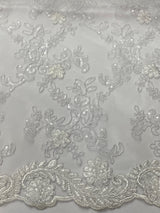 Elena'S Lace Polyester Lace Fabric - White/Clear Sequins, Double Scalloped Edge, 54" Width (1 Yard)