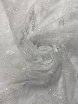 Elena'S Lace Polyester Lace Fabric - White/Clear Sequins, Double Scalloped Edge, 54" Width (1 Yard)