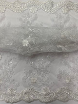 Elena'S Lace Polyester Lace Fabric - White/Clear Sequins, Double Scalloped Edge, 54" Width (1 Yard)