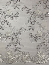 Elena's Lace Polyester Lace Fabric - White/Silver Sequins, Double Scalloped Edge, 54" Width (1 Yard)