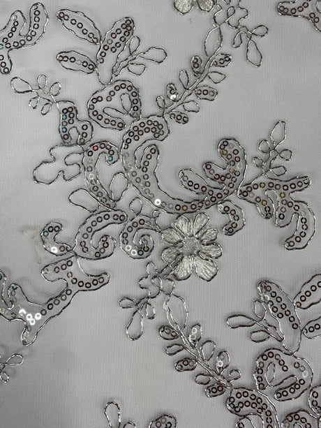 Elena's Lace Polyester Fabric - White/Silver/Silver Corded Mesh Embroidered With Sequins, Double Scalloped Edge, 54" Width (1 Yard)