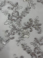 Elena's Lace Polyester Fabric - White/Silver/Silver Corded Mesh Embroidered With Sequins, Double Scalloped Edge, 54" Width (1 Yard)