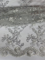 Elena's Lace Polyester Fabric - White/Silver/Silver Corded Mesh Embroidered With Sequins, Double Scalloped Edge, 54" Width (1 Yard)